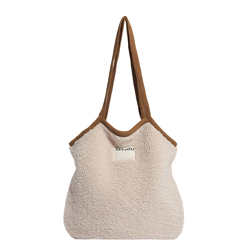 Invierno de cordero de cachemira doble cara bolso de tela de mujer estilo coreano de gran capacidad bolsa de lona casual bolsa de peluche de viaje universal