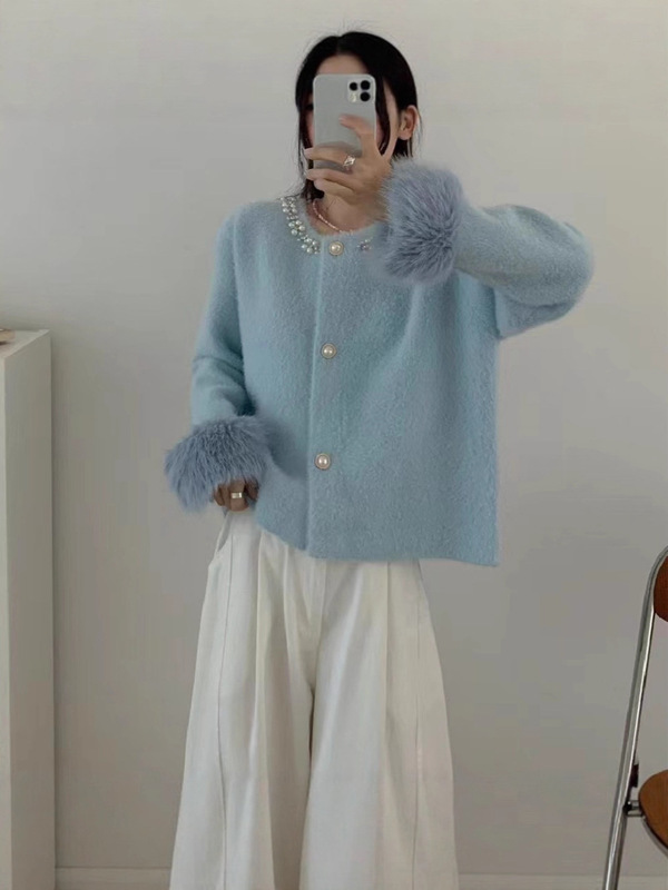 秋季新款钉珠小香风仿水貂绒开衫女软糯宽松名媛气质设计感外套|undefined