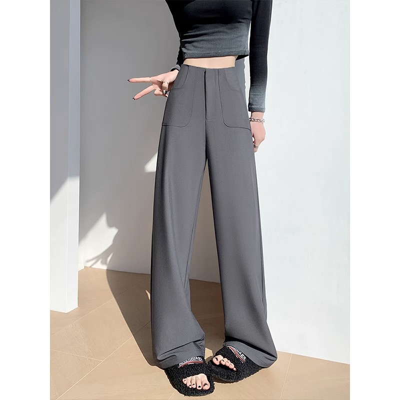 Pantalones de traje negros de alto nivel de primavera y otoño para mujeres 2025 nuevos pantalones casuales de cintura alta y caída de tela estrecha de pierna ancha recta