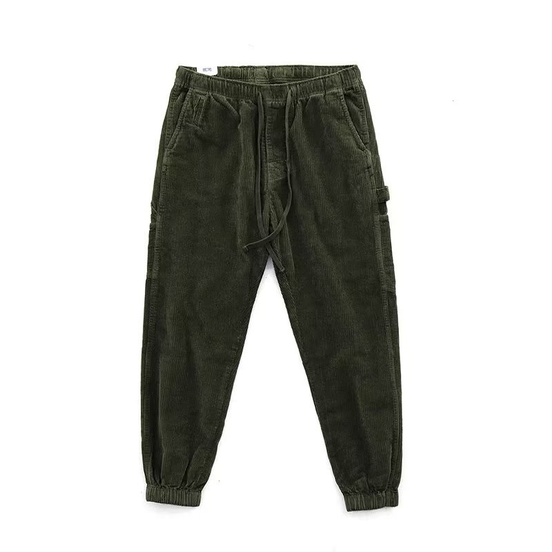 Otoño e invierno europeo y americano Nueva moda micro cintura elástica con cordón ropa de trabajo pantalones atados al tobillo pantalones casuales de pana retro para hombres