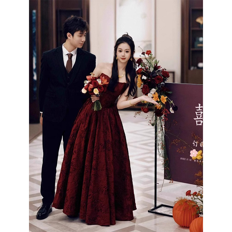 Strapless formal dress casual luxury unique wine red French evening dress student art exam host annual meeting