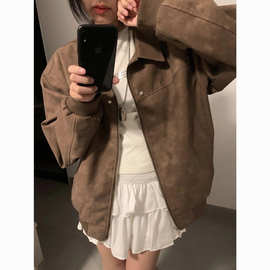 美式复古棕色新款宽松秋冬季夹克上衣仿麂皮翻领机车潮流外套
