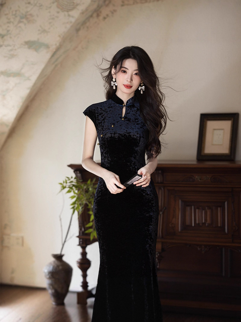Autumn elite elegant blue cheongsam drop-shaped