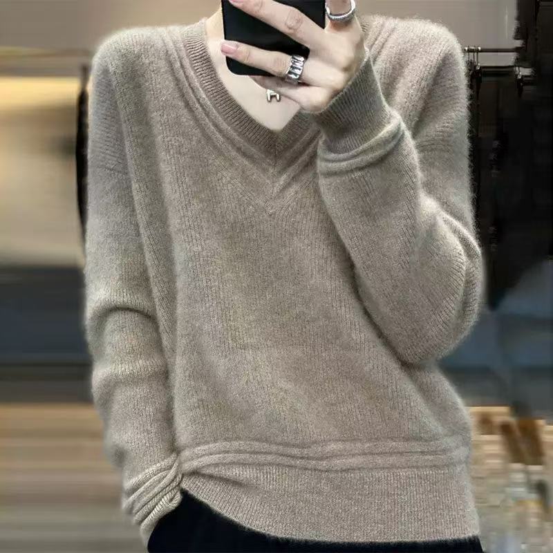 2025 otoño y invierno nuevo suéter de punto de cuello V suelto y perezoso para mujeres de color sólido con camiseta de fondo grande de aire extranjero gruesa