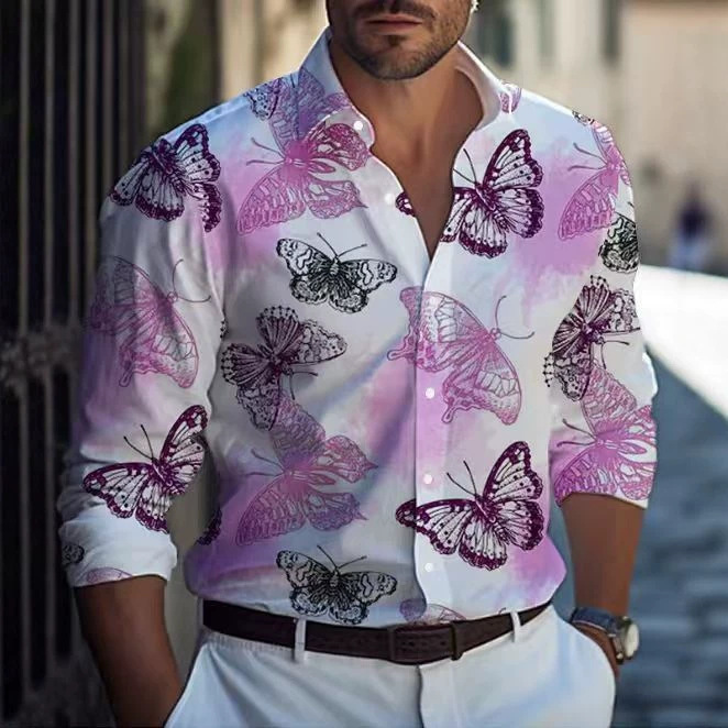 Men's long-sleeved casual shirt with artistic tie-dye butterfly and animal print, suitable for cross-border e-commerce and independent online stores Men's long-sleeved casual shirt with artistic tie-dye butterfly and animal print, suitable for cross-border e-commerce and independent online stores