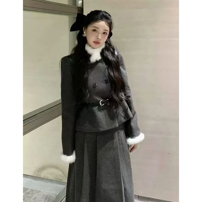 设计感绝美小套装财阀韩系千金毛领香风外套秋冬季高腰百褶半身裙|undefined