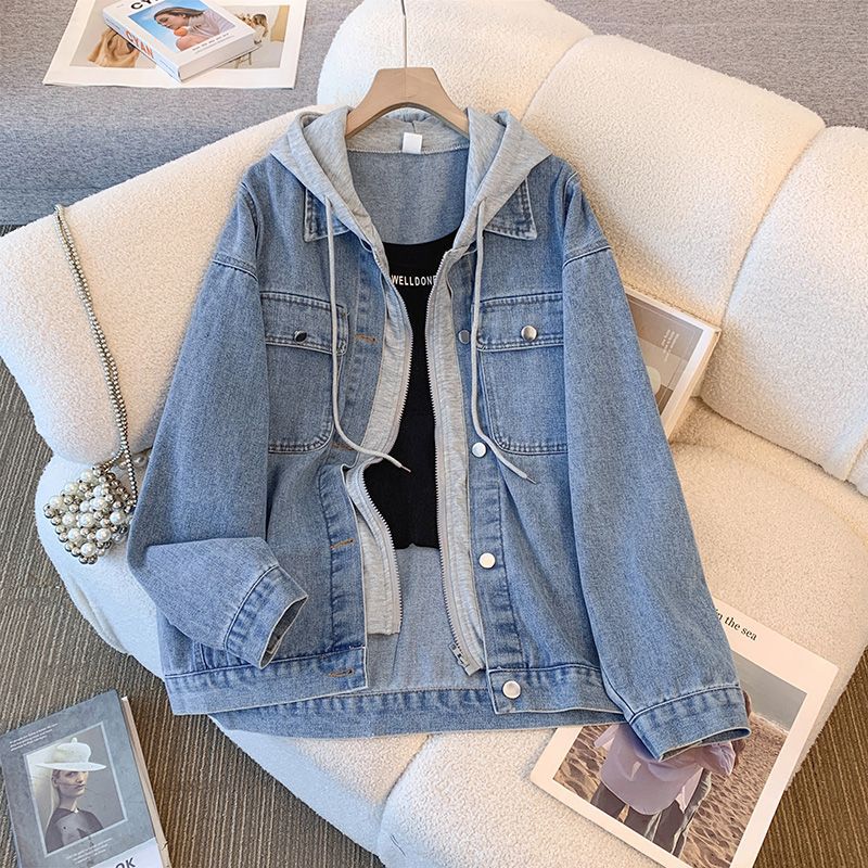 Fake Two-Piece Hooded Denim Jacket for Women Spring & Fall 2025 New Loose Retro Hong Kong Style Student Versatile Jacket Top