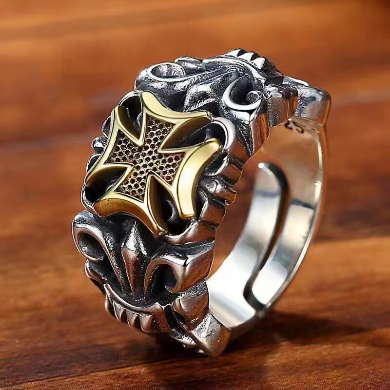 Vintage Thai Silver Plated S925 Cross Anchor Ring for Men, Unique Hip-Hop Punk Trendy Men's Adjustable Ring