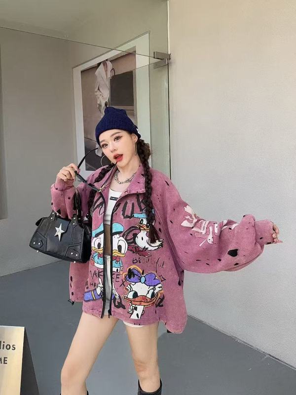 欧货2025秋季款宽松中长大版拼色贴布卡通图案棒球服夹克外套女|undefined