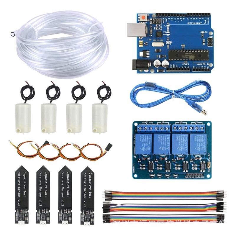 Four-Way Automatic Flower Watering DIY Kit with Uno R3 Motherboard and Four-Way Relay for Automatic Watering of Garden Flowers