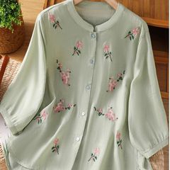 新しい中国風の重刺繍綿と麻のシャツ女性の夏軽量五分袖美しい年齢を減らす綿と麻のトップ