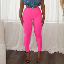 J25PT144欧美风跨境女装春夏纯色松紧高腰紧身包臀九分小脚休闲裤