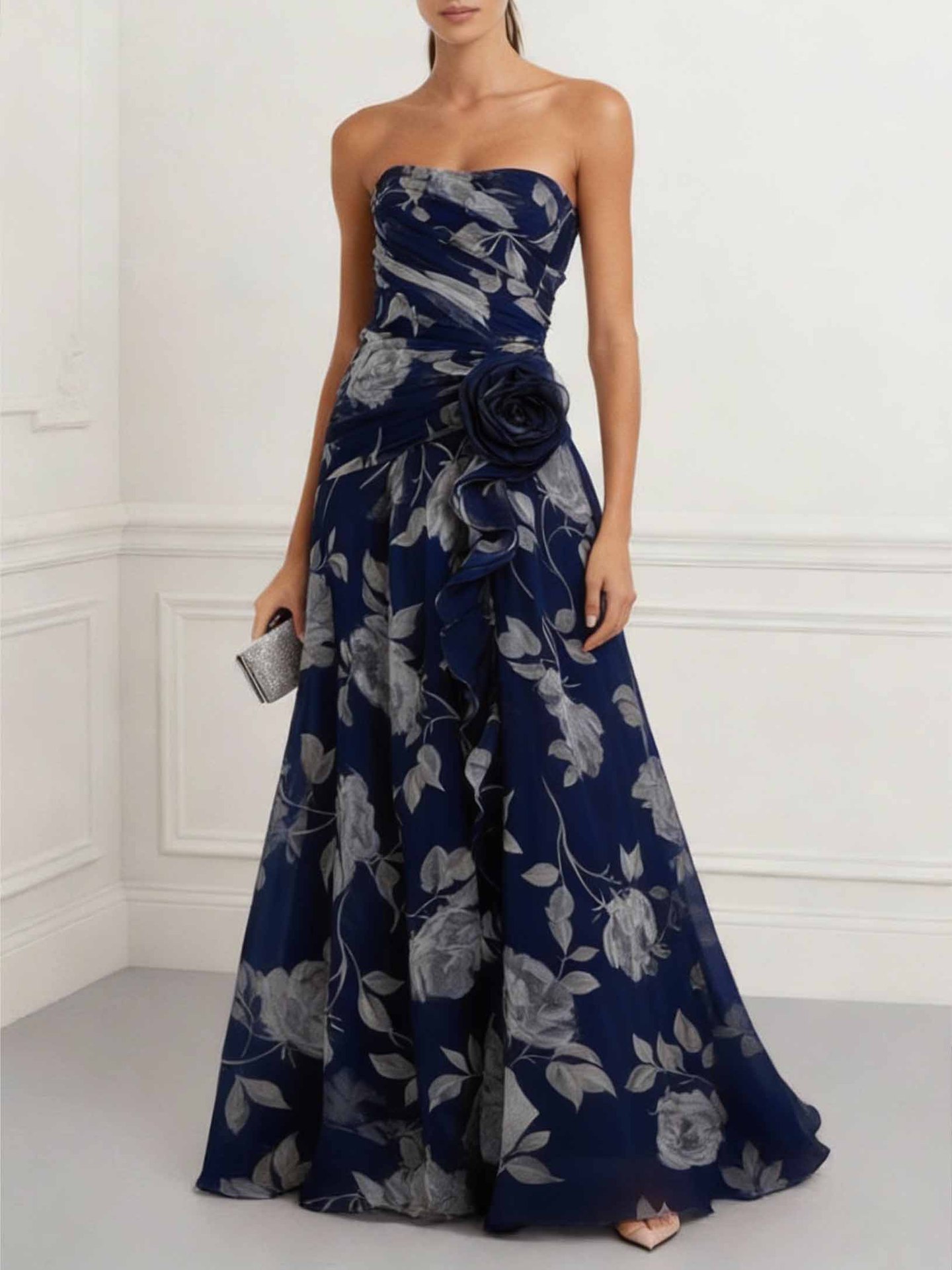 2026 European And American Cross-border Independent Site Party Elegant Ruched Strapless Printed Dress_ecoleips.com