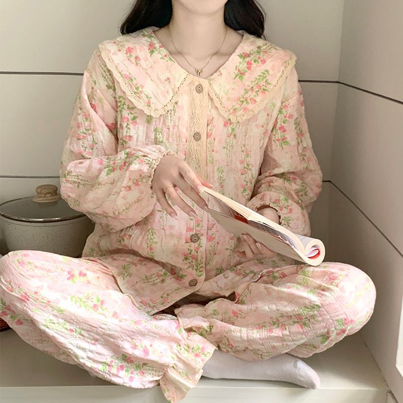 Sweet Little Floral Collar Pajamas for Women Spring and Autum 2025 New Cloud Cotton Texture Long-Sleeved Pants Home Wear Set