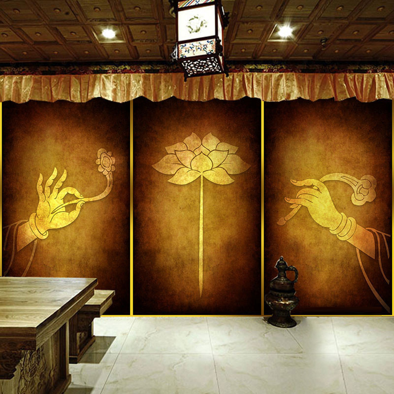 Classical Bergamot Lotus Flower Wallpaper Buddhist Zen Wallpaper Thai Buddhist Hall Wall Cloth Yoga Hall National Culture Background Wall