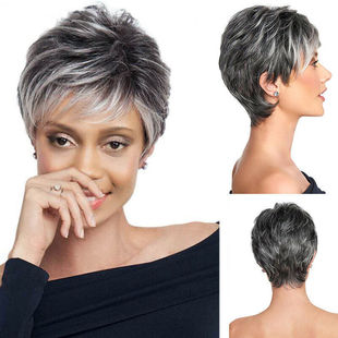 European and American wig silver gray gradient fake head cover high-end hair cover middle-aged women's oblique bangs gold gradient head cover