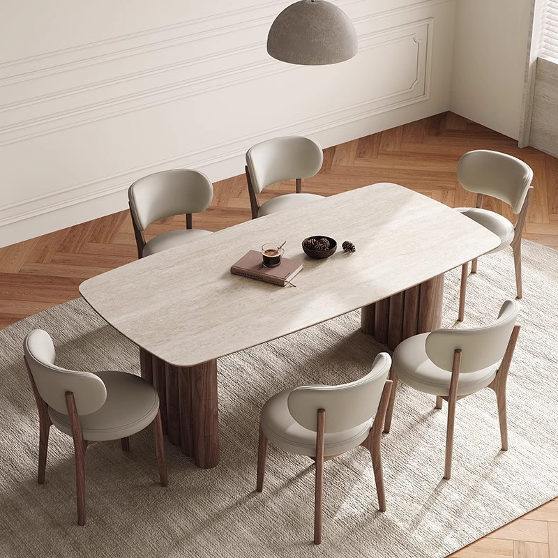 Middle Ancient Solid Wood Dining Table and Chair 2024 New Small Apartment Home Designer Walnut Color Rectangular Rock Plate Dining Table