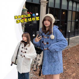 美丽k2208冬季暖融融复合面料连帽胖MM大码牛角扣H版外套保暖女加