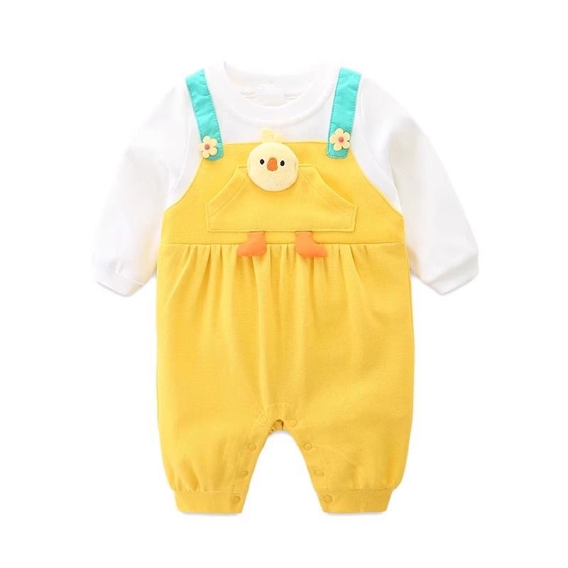 Ropa de una pieza de primavera y otoño para bebés y niños pequeños, pollo lindo, dos piezas falsas, dibujos animados de bebés masculinos y femeninos, traje de gatear con capucha de estilo occidental súper lindo