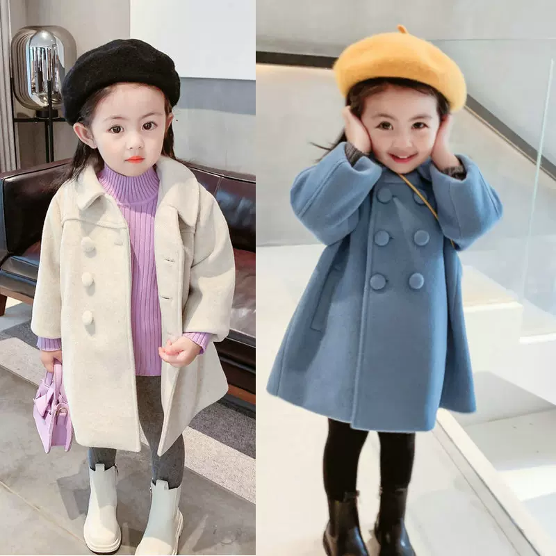 一件代发儿童大衣冬款女童夹棉加厚双排扣呢大衣新年装拜年服