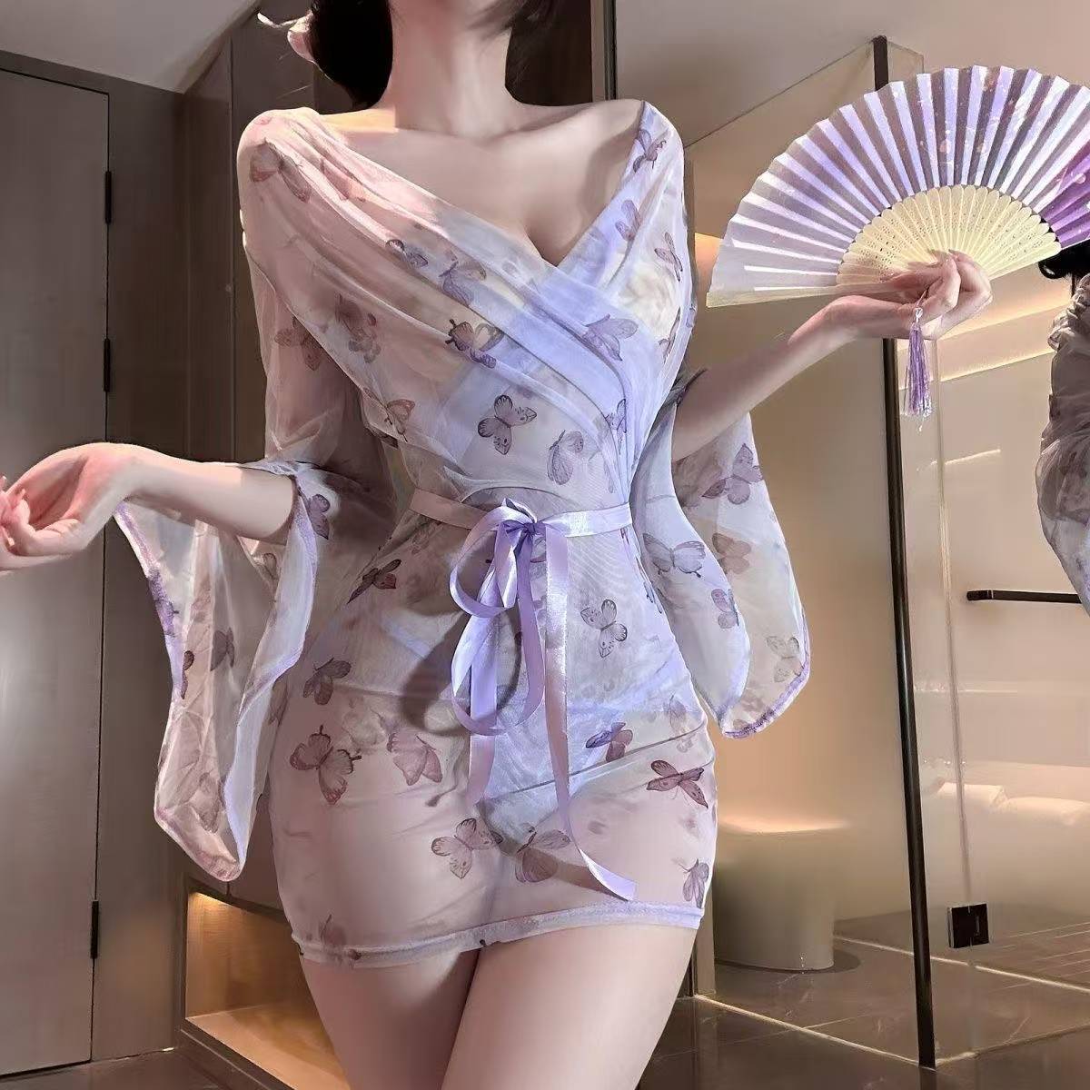 Sheer Butterfly-Print Kimono Nightgown, Open-Front Teasing Lingerie, Purple One Size — detail image 3