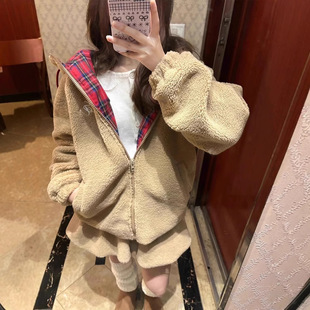Lamb Wool Contrast Color Plaid Hooded Zipper Jacket Women's Autumn and Winter New Loose Thickened Warm Fleece Cardigan