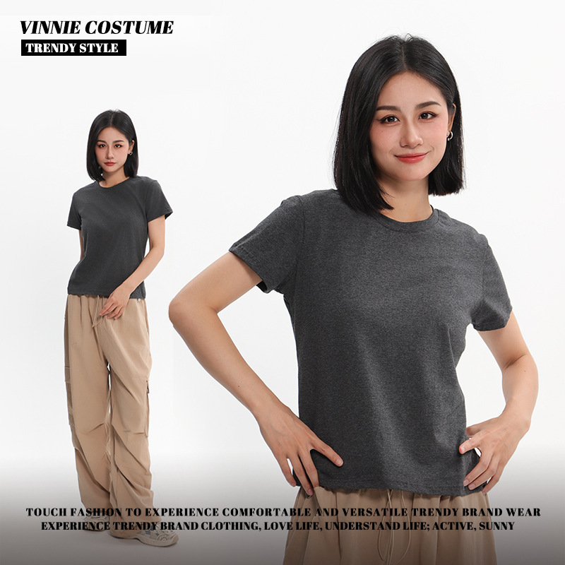 Spice Girls Shoulder Thin Short-sleeved Women's Spring and Summer New Slim-fit All-match T-shirt Solid Color Simple Thread regular Top