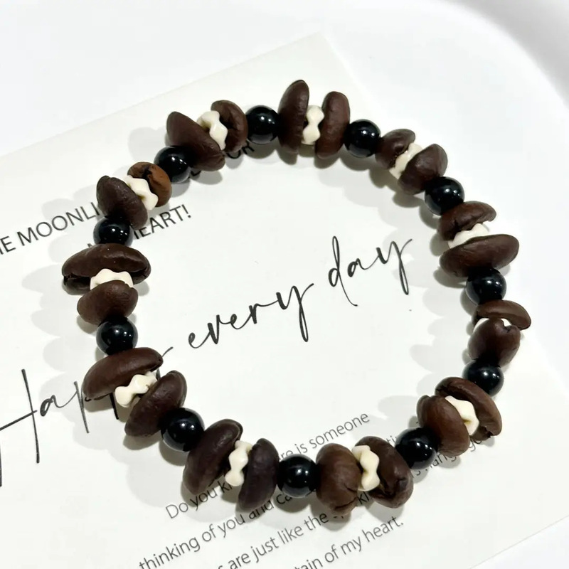 New Chinese-style handmade natural coffee bean bracelet with Jingdezhen porcelain beads, unisex, adjustable, simple and textured