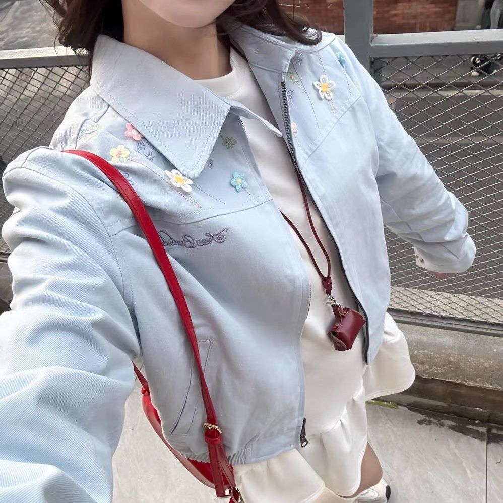 Women's Blue Short Jacket, 2025 Spring/Autumn New Korean Style Petite Loose Versatile Embroidered Workwear Jacket Top