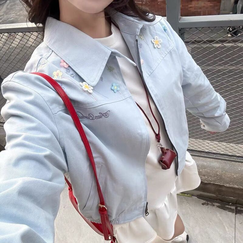 Blue Short Jacket for Women 2025 Spring & Fall New Korean Style Small Loose Versatile Embroidered Work Jacket Top Blue Short Jacket for Women 2025 Spring & Fall New Korean Style Small Loose Versatile Embroidered Work Jacket Top
