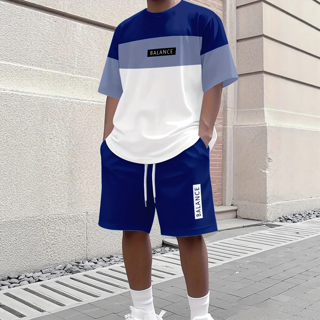 Completo estivo da uomo a due pezzi, vestibilità ampia, camicia a maniche corte e pantaloncini, taglie forti, t-shirt incluse, elegante completo basic in poliestere._voghion.com