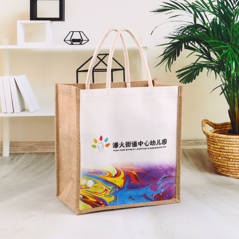 メーカー卸売麻布袋ロゴ入り帆布防水ラミネートバッグ綿紐ハンドバッグショッピングバッグ黄麻袋ハンドバッグ|undefined