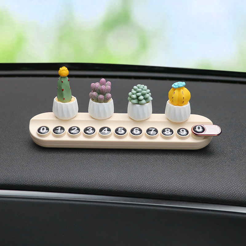 Suculentas plantas en macetas, placas de matrícula de estacionamiento temporal, teléfonos de automóviles, placas de matrícula en movimiento, tarjetas de transferencia de automóviles, adornos de accesorios se pueden ocultar