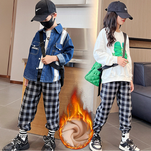 Winter Children's Casual Pants with Fleece and Thickening, Fashion Trend Waist Pants for Boys and Girls, Plaid Trousers with Leg Garter, for Young Children