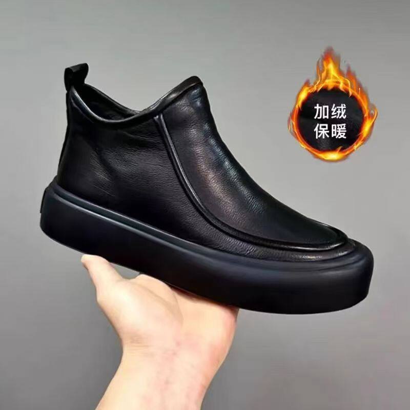 Bốt Martin nam cổ cao kiểu Chelsea da thật lót bông giữ ấm, gót thấp 1–3 cm — Màu đen cotton, Màu đen đơn