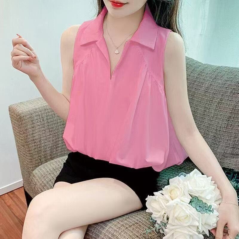 Short in Front and Long in Back Pullover French-Style Shirt for Petite Figures, 2026 Simple Design Summer Korean-Style Sleeveless Blouse Short in Front and Long in Back Pullover French-Style Shirt for Petite Figures, 2026 Simple Design Summer Korean-Style Sleeveless Blouse