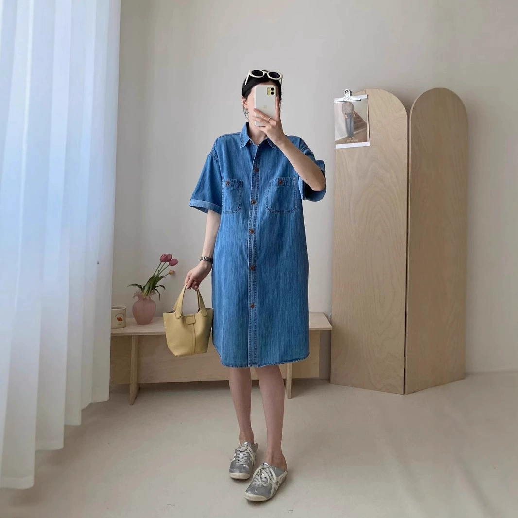 Ретро гонконгский стиль иностранного платья для беременных с отворотом мягкие джинсовые юбки с короткими рукавами для беременных корейская версия свободного повседневного тонкого платья