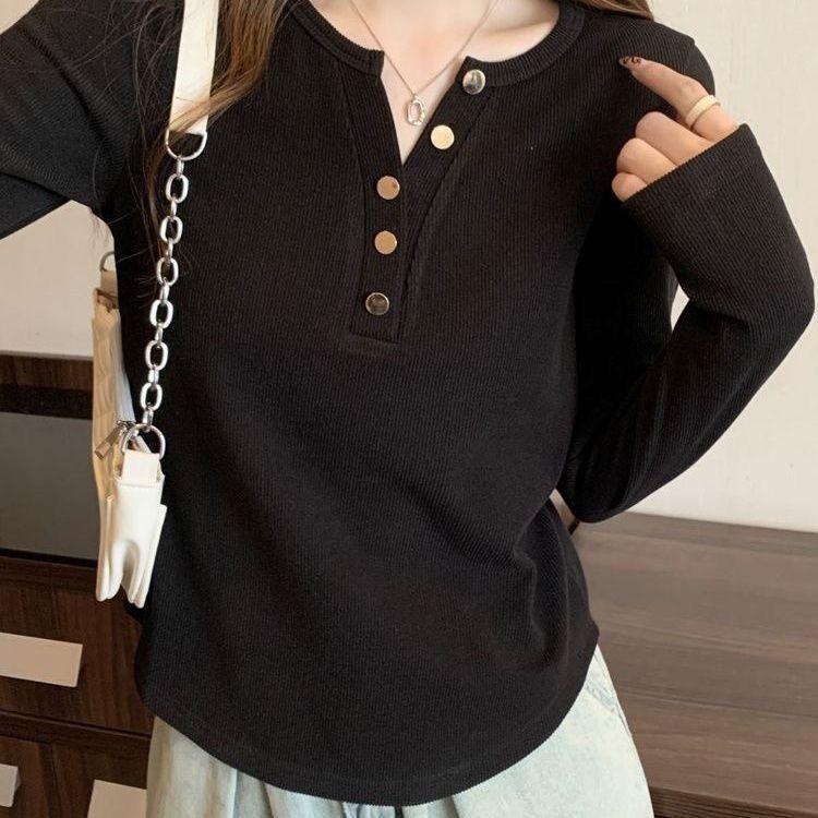 螺纹半开领不规则打底衫女内搭大码女装春秋冬显瘦大码长袖上衣女|undefined