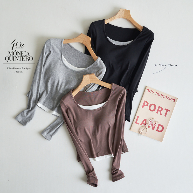 With Chest Pad No Wear Bra Fake Two-piece Long-sleeved T-shirt Women's Spring and Autumn Sweet Elegant Small Slim-fit Knitted Top