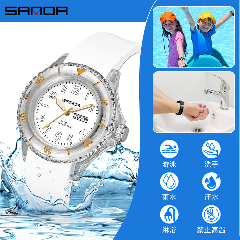 Sanda marca reloj de cuarzo al aire libre impermeable simple calendario caso transparente estudiante niños reloj 9062