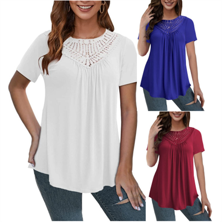 2022 Amazon European and American women's large size top short sleeve shirt lace pleated waist casual T-shirt