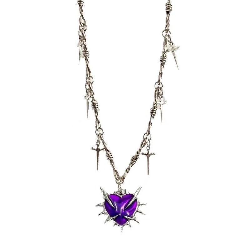 Dark Punk Heart Y2K Cross Necklace Subculture Design Thorns Personality Retro Niche Collarbone Chain Trend_voghion.com