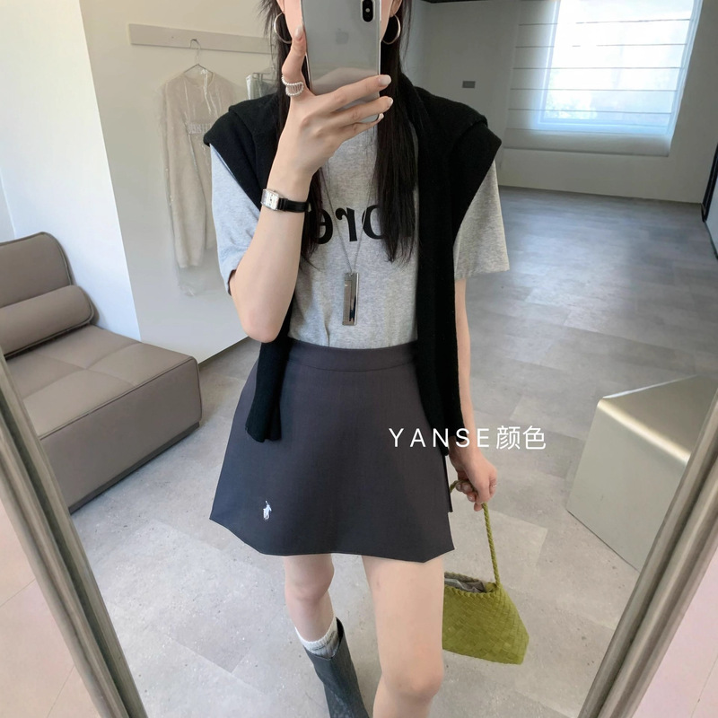 复古刺绣小马深蓝色短裙裤侧开叉女设计感秋季裙裤运动a字半身裙|undefined