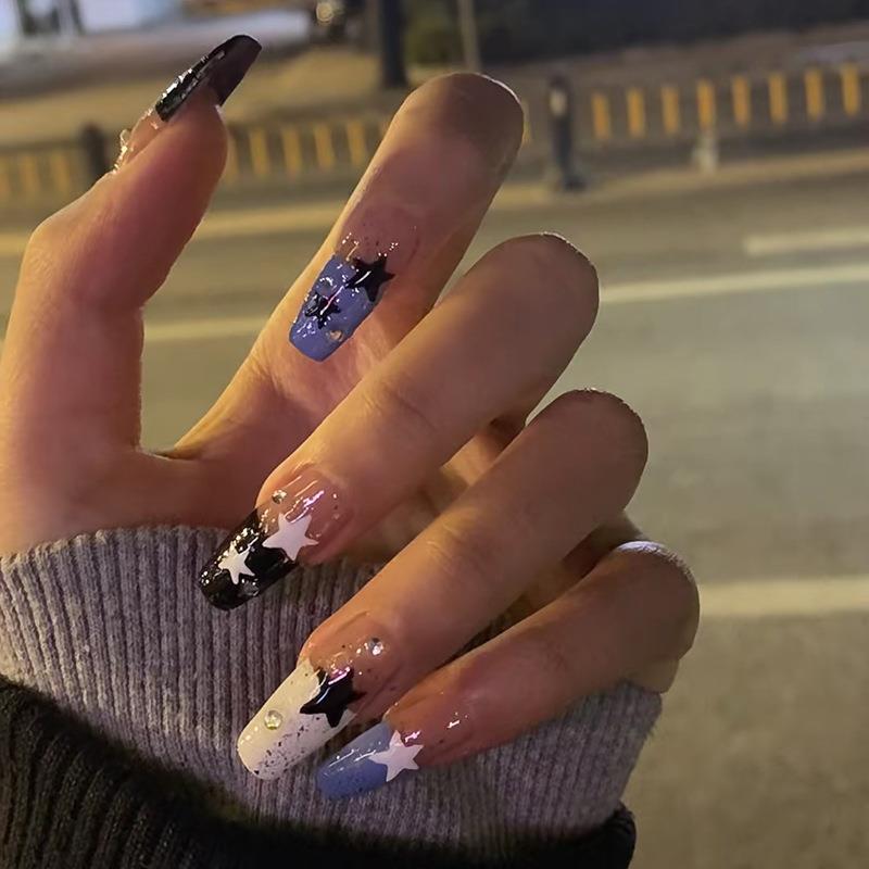Foreign trade wear nail coffin nail black and white purple three-color French rhinestone black and white star ins style wear nail nail piece Foreign trade wear nail coffin nail black and white purple three-color French rhinestone black and white star ins style wear nail nail piece