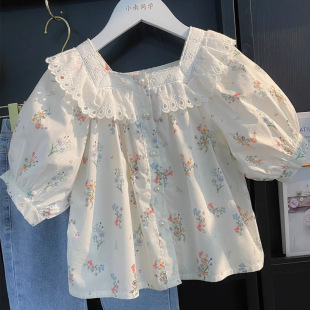 [4590 People] Girls Short-Sleeved Shirt 2025 Summer New Kidsren's Pastoral Style Printed Shirt Little Girl Lace
