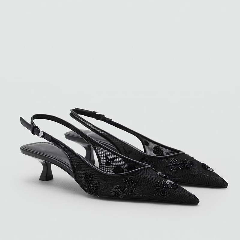 Women's Sandals 2025 Summer New Black Fashion Beaded Mesh Pointed Toe Shallow High-Heeled Mules Women's Mid-Heel Shoes