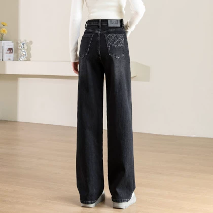 Теплые jeans, модные джинсы, высокая талия, свободный крой
