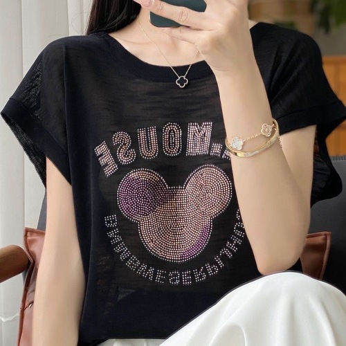 Women's Loose Fit Short Sleeve Round Neck T-Shirt with Beaded Decoration, Summer 2025, Thin Cotton, Casual and Versatile, Slimming