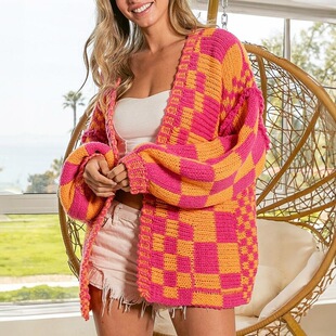 F 92393 Color Block Cardigan Sweater ƴɫ�_��ë�� �羳