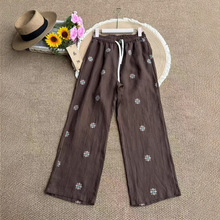 松紧腰系带刺绣小花系带亚麻文艺范复古风女式百搭显瘦小众休闲裤